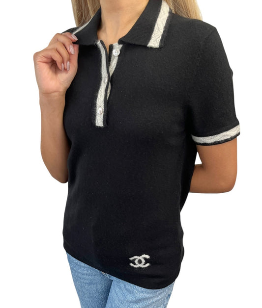 CHANEL Vintage 04A CC Logo Knit Polo Shirt Top Sweater #38 Cashmere Black