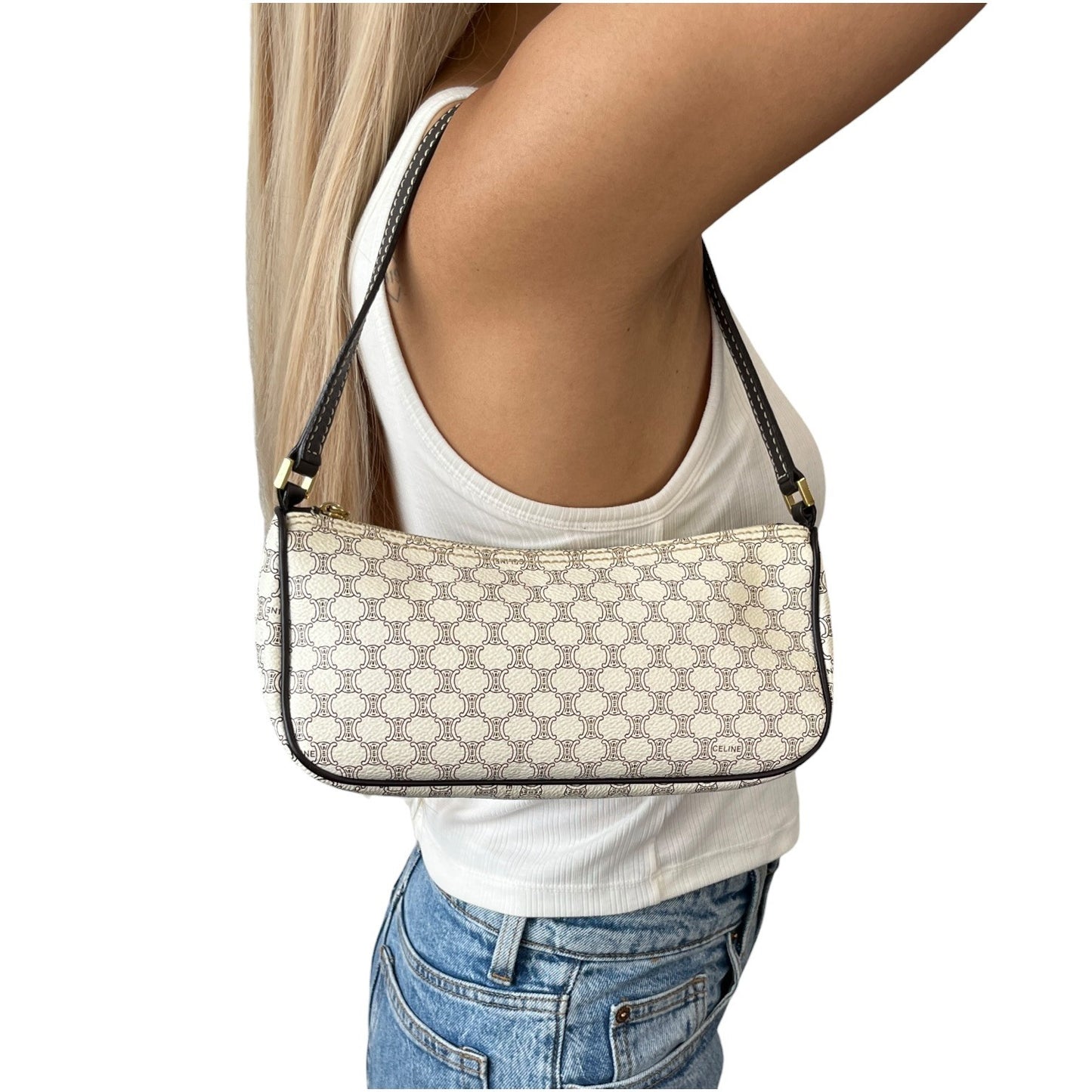 CELINE Vintage Macadam Monogram Shoulder Bag Pochette White Brown PVC 902075