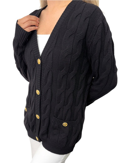 CELINE Vintage Logo Cable Knit Cardigan Top Button Black Gold 902914