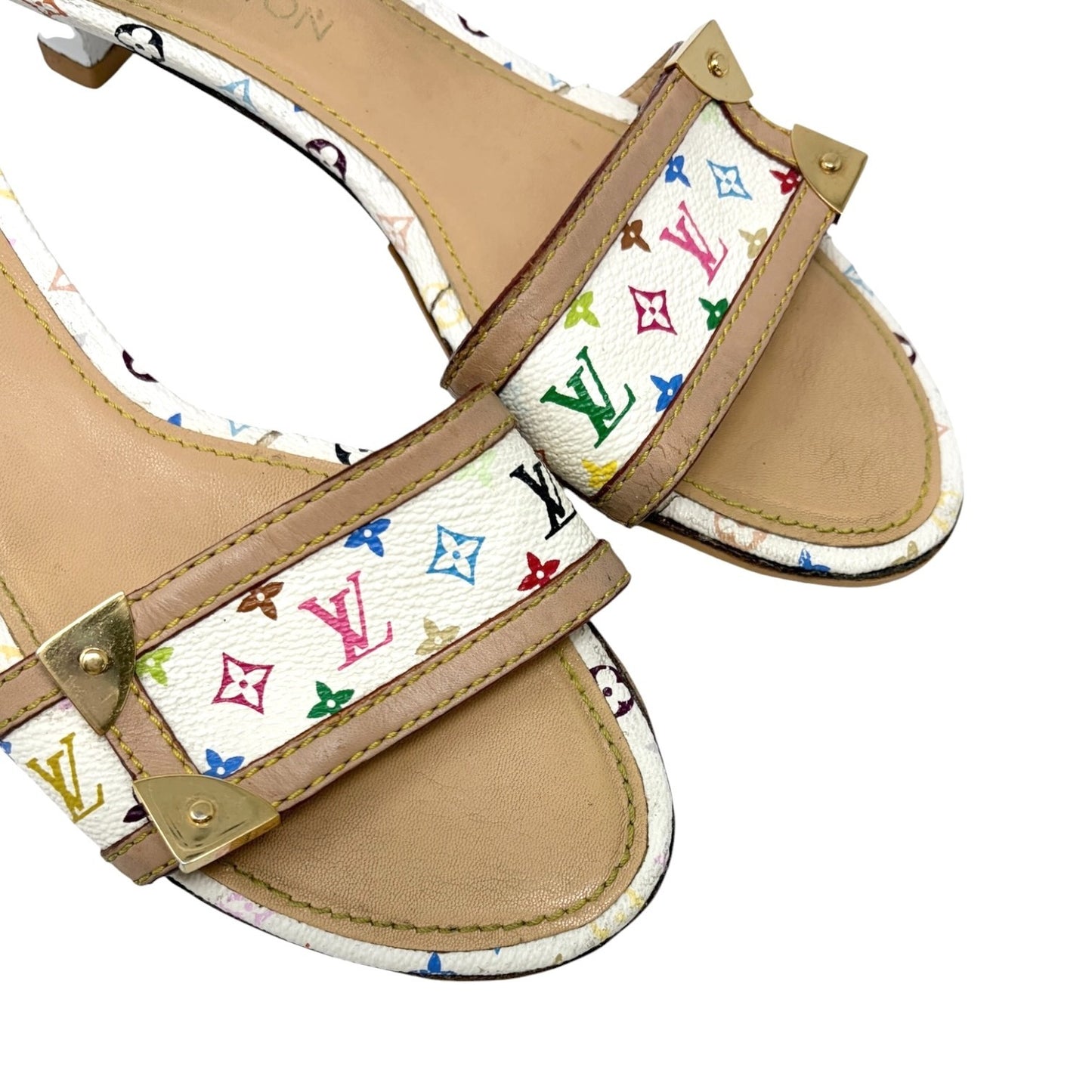 LOUIS VUITTON Vintage Monogram Multicolor Sandals Heels #38.5 White 902237