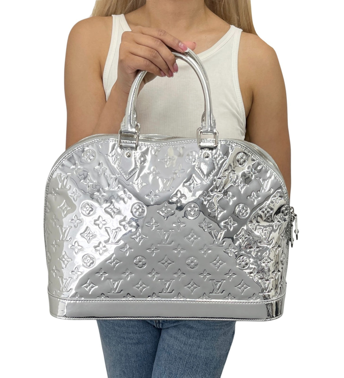 LOUIS VUITTON Vintage LV Monogram Miroir Alma GM Bag Metallic Silver 902368