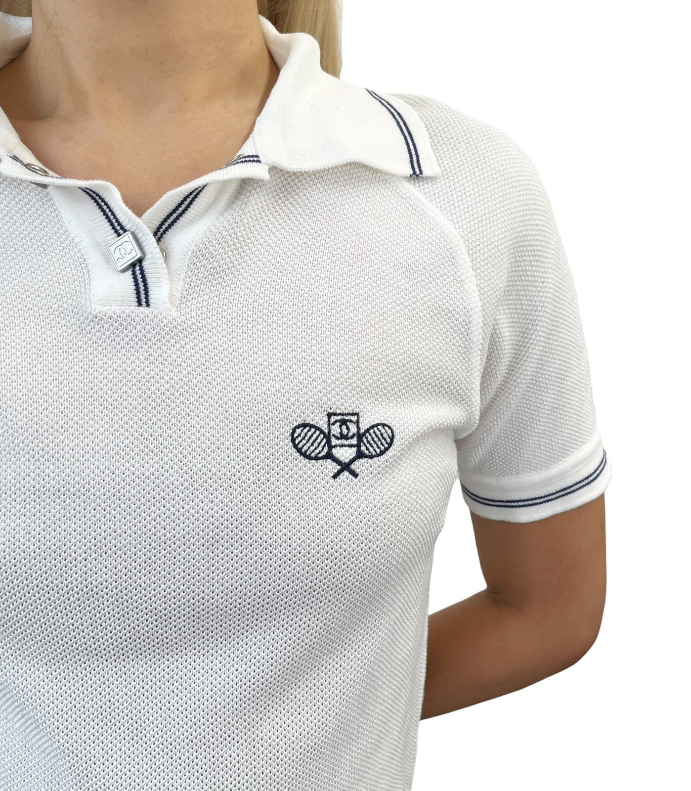CHANEL Sport Vintage 05P CC Tennis Racket Polo T-shirt Top #42 White Cotton