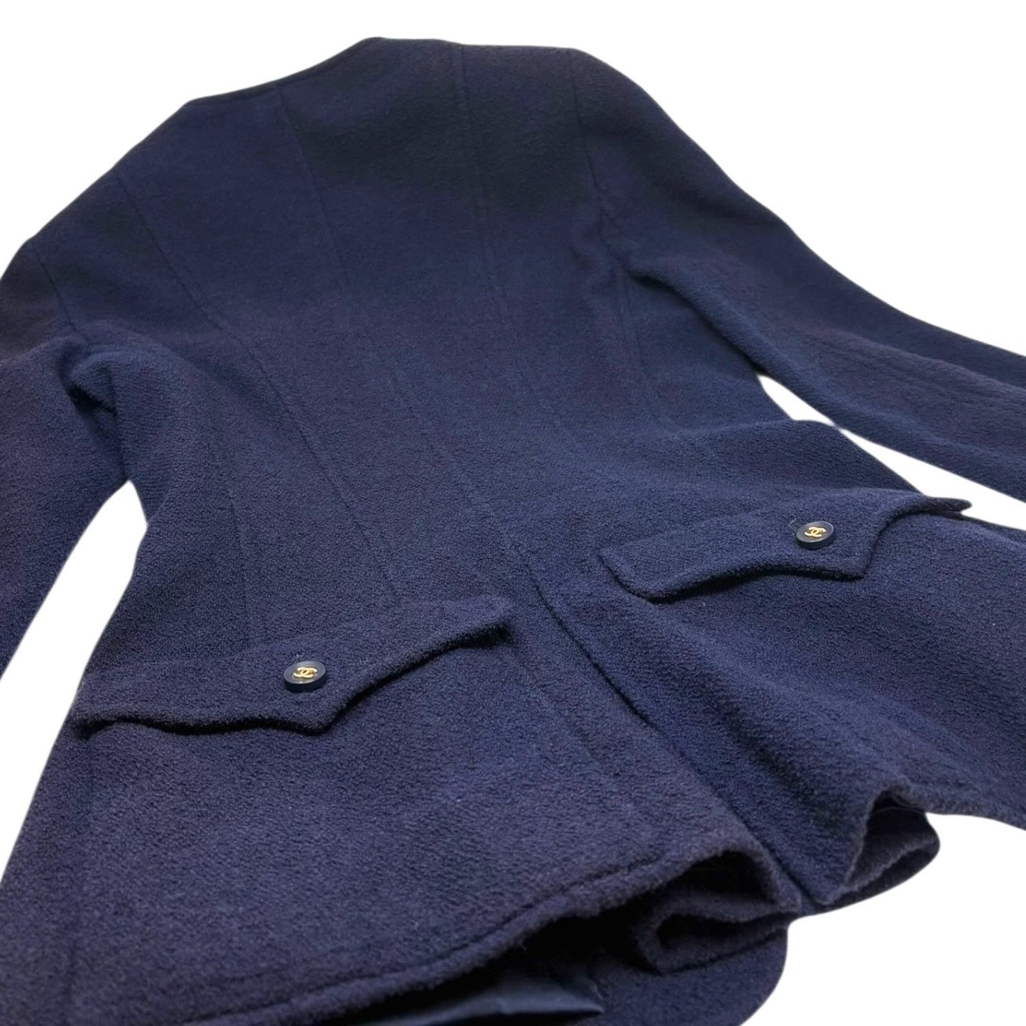 CHANEL Vintage 95A CC Logo Gold Button Collarless Jacket #36 Dark Blue Wool