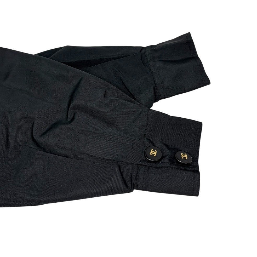 CHANEL Vintage CC Mark Logo Trench Coat Button Pocket Black Gold Silk