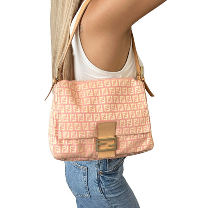FENDI Vintage Zucchino Mamma Baguette Bag Pink Yellow Canvas Leather 902042
