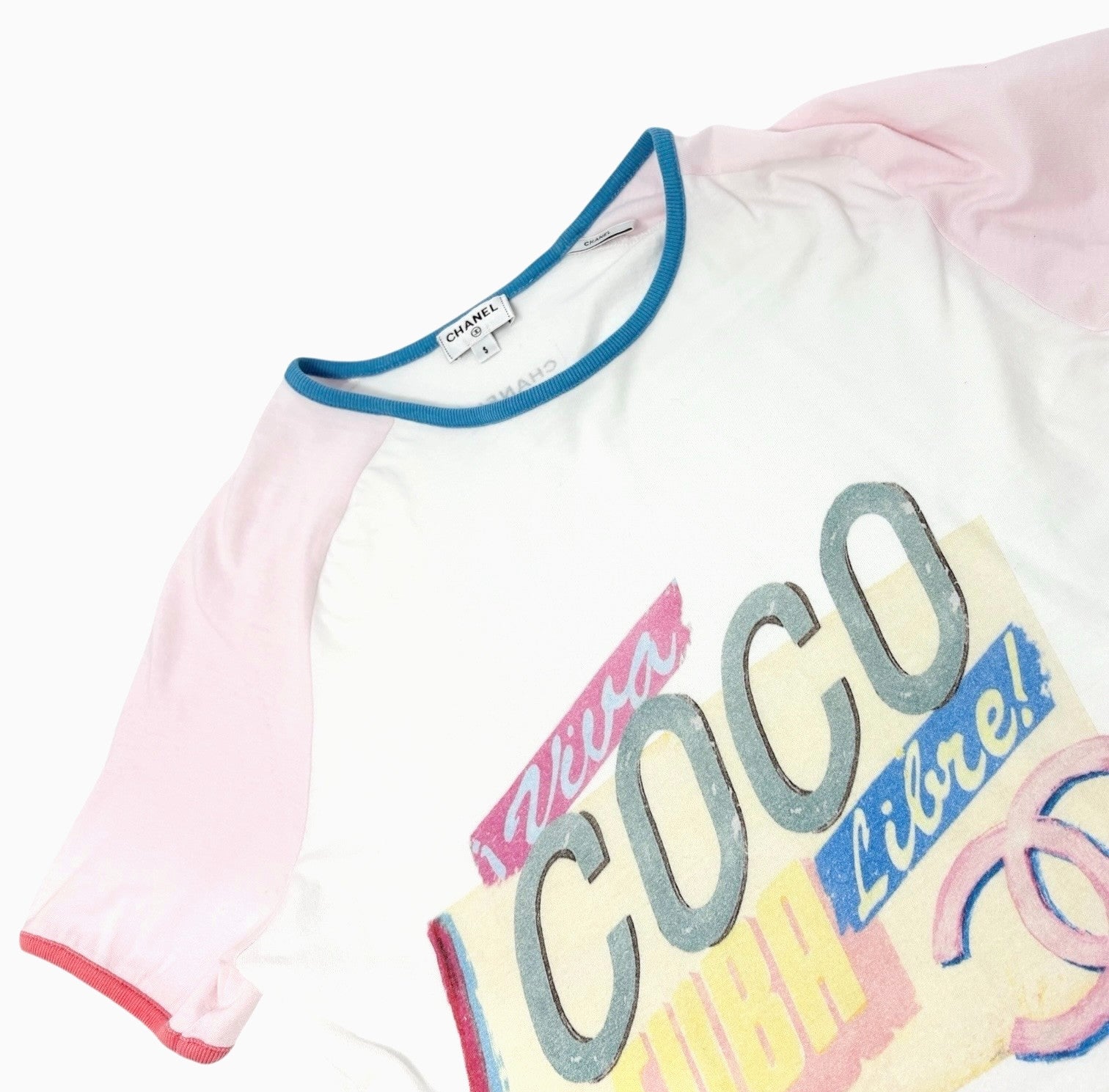 CHANEL Vintage C55838 CC Logo Viva Cuba Libre T-shirt Top #S White Pink Cotton