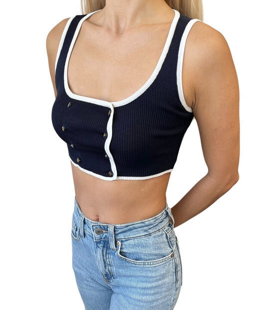 CHANEL Vintage 95P CC Button Ribbed Knit Cropped Tank Top #34 Dark Blue