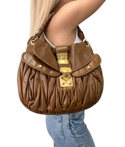 Miu Miu Vintage Logo 2way Shoulder Bag Handbag Brown Gold Leather 902346