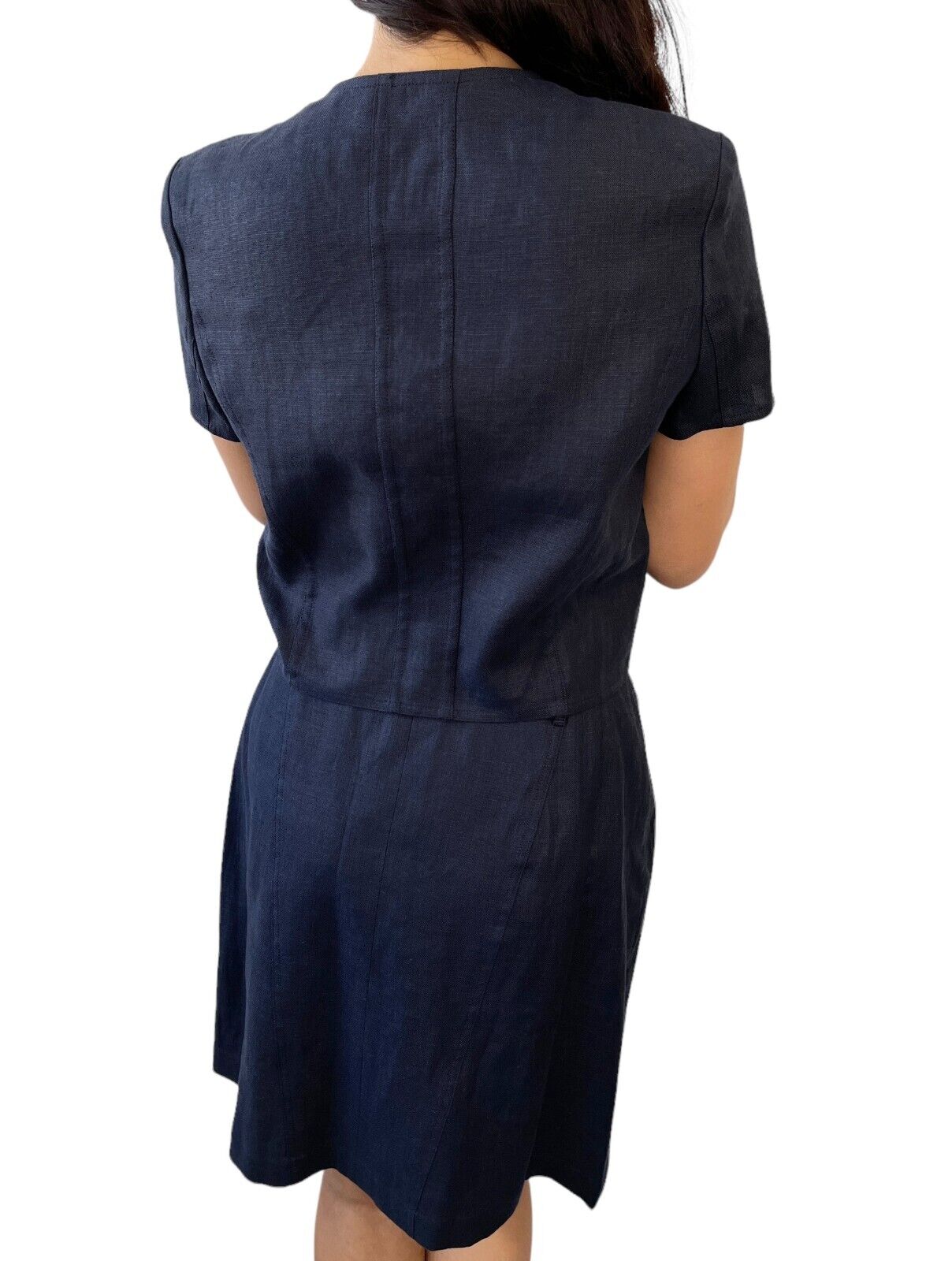 CHANEL Vintage CC Mark Button Linen Jacket Skirt Set #40 Dark Blue Rank AB+