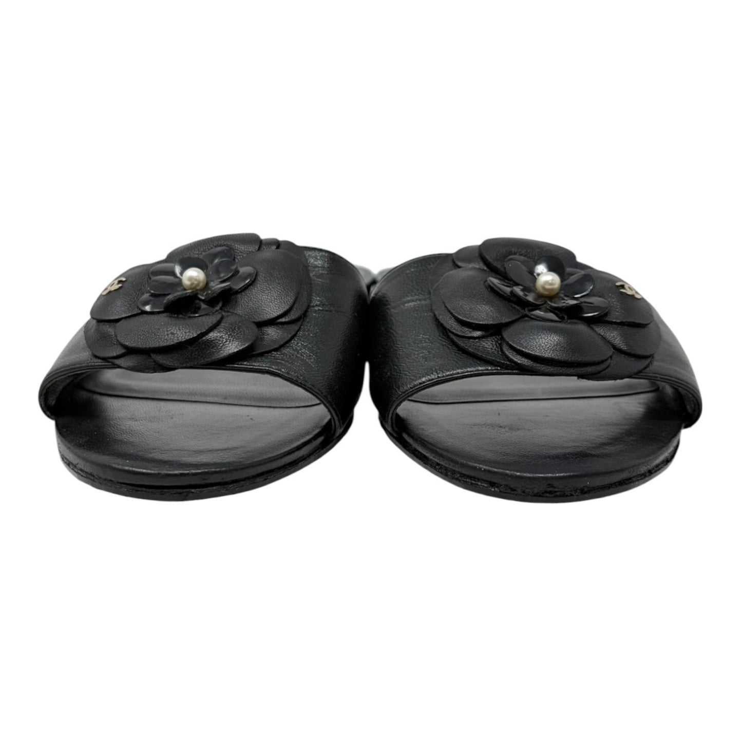 CHANEL Vintage CC Logo Camellia Leather Flat Slide Sandals #36.5 Black