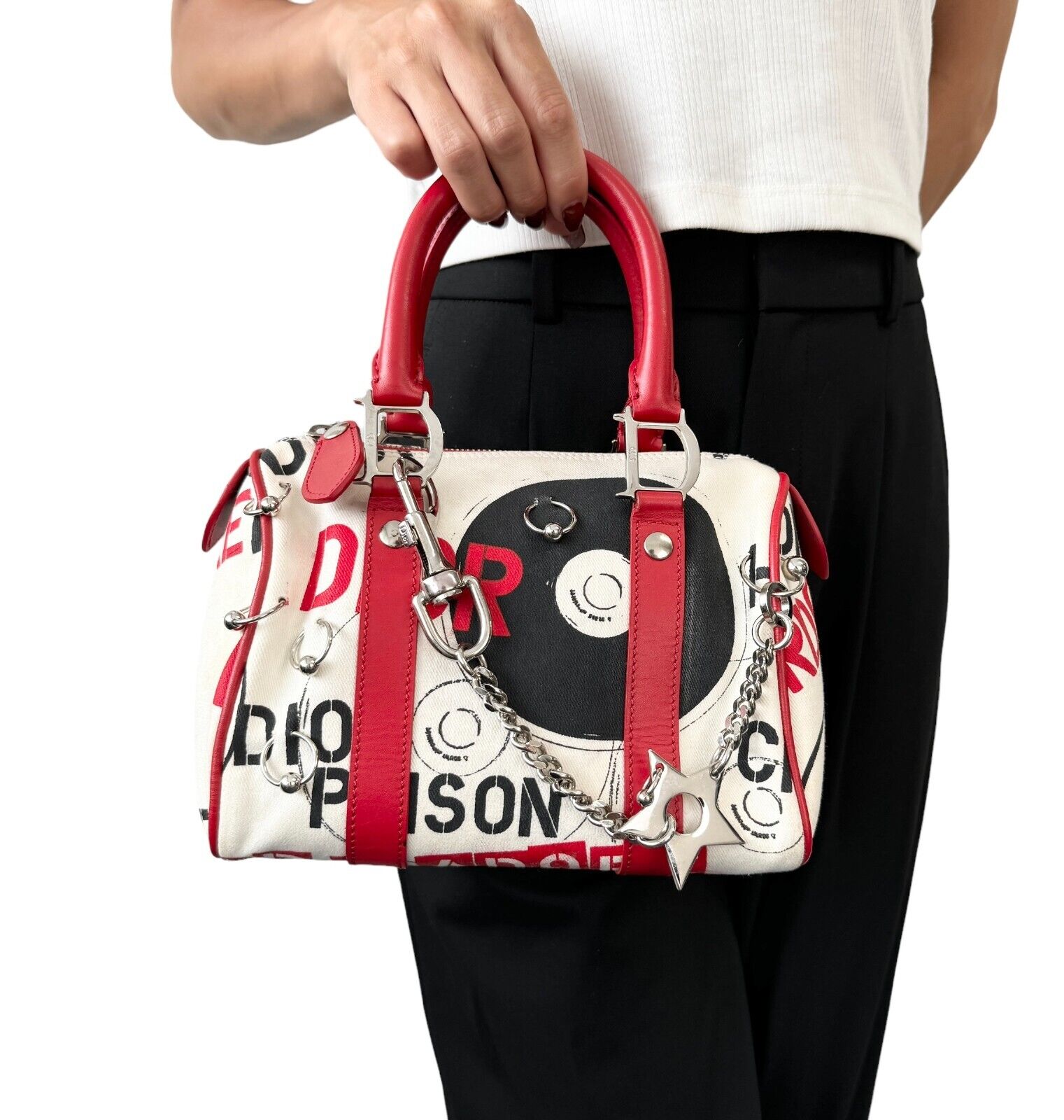 Christian Dior Vintage Logo Hard Core Mini Bowler Bag Red Cream Cotton Rank AB