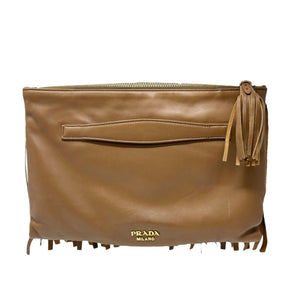 PRADA Vintage Logo Fringe Clutch Mini Bag Brown Gold Leather Zip Rank AB