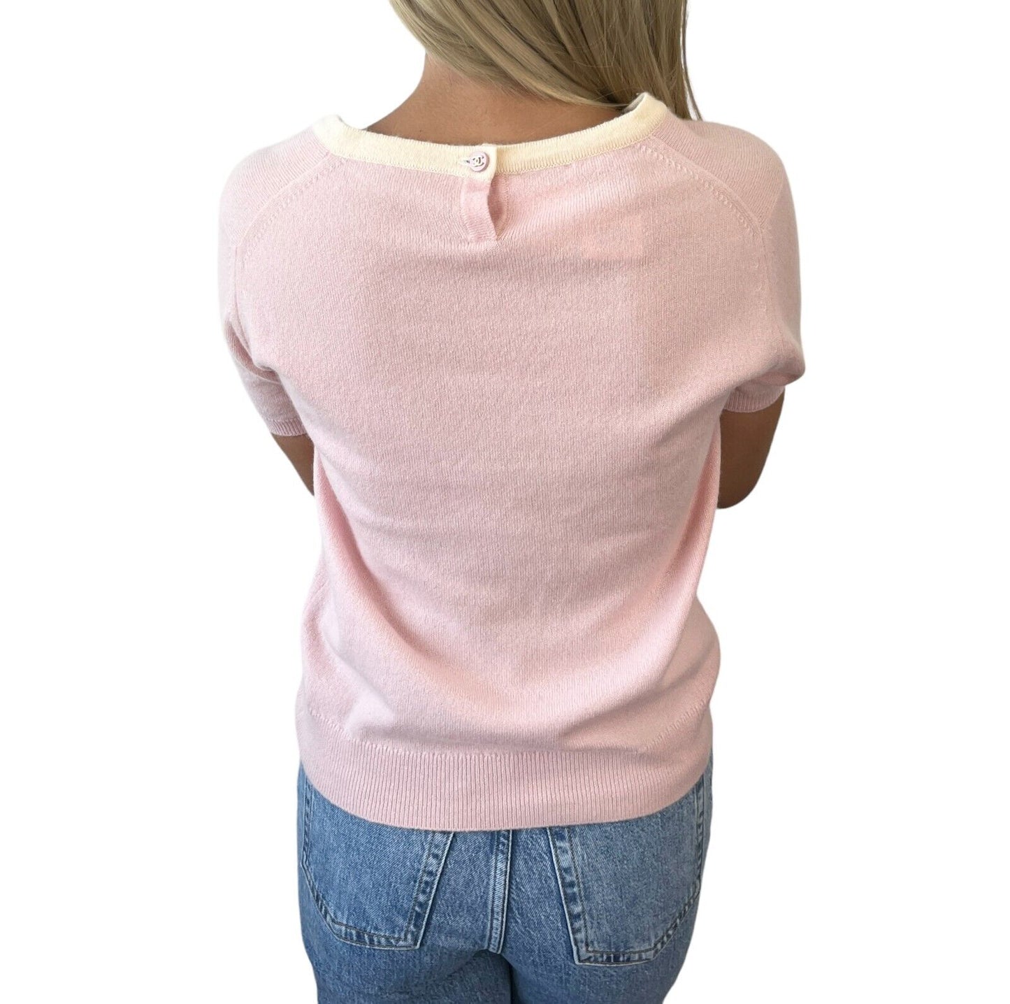 CHANEL Vintage 96C CC Mark Logo Knit Top T-shirt #38 Pink Cashmere Button