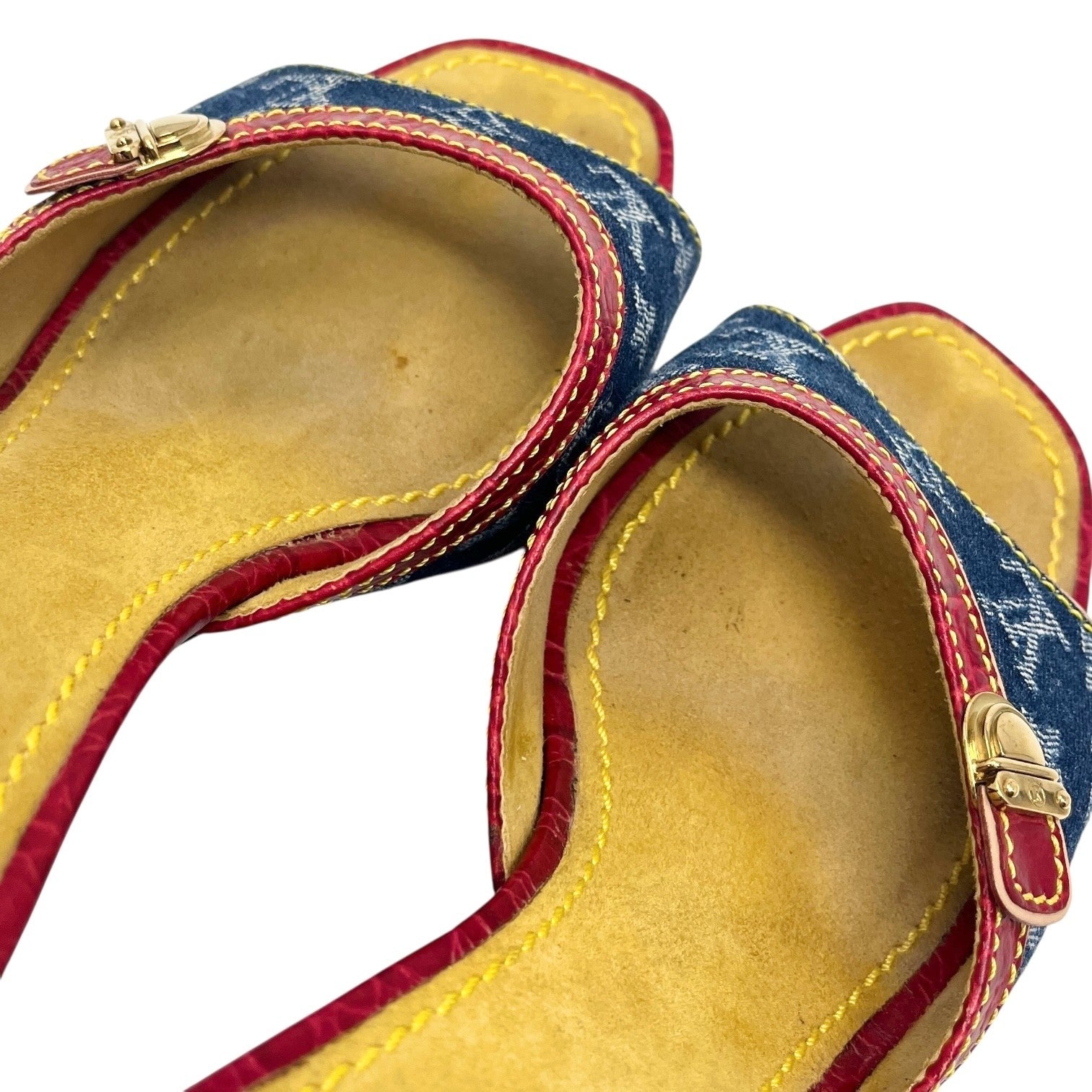 LOUIS VUITTON Vintage LV Monogram Logo Denim Sandals Heels #37-37.5 Blue Red