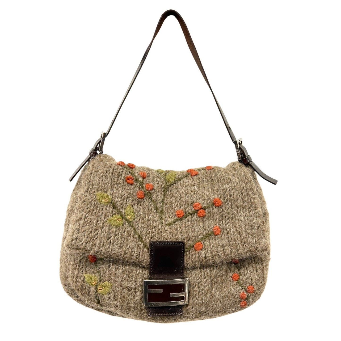 FENDI Vintage FF Knit Mamma Baguette Flower Wool Shoulder Bag Beige Brown