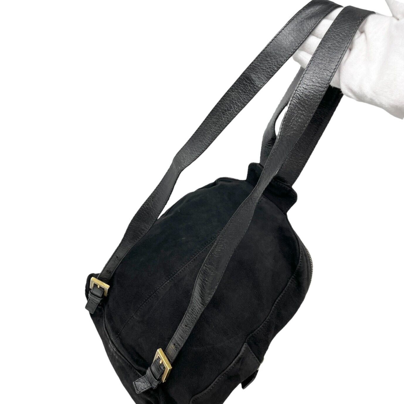 FENDI Vintage FF Logo Backpack Zip Black Green Suede Leather Front Pocket