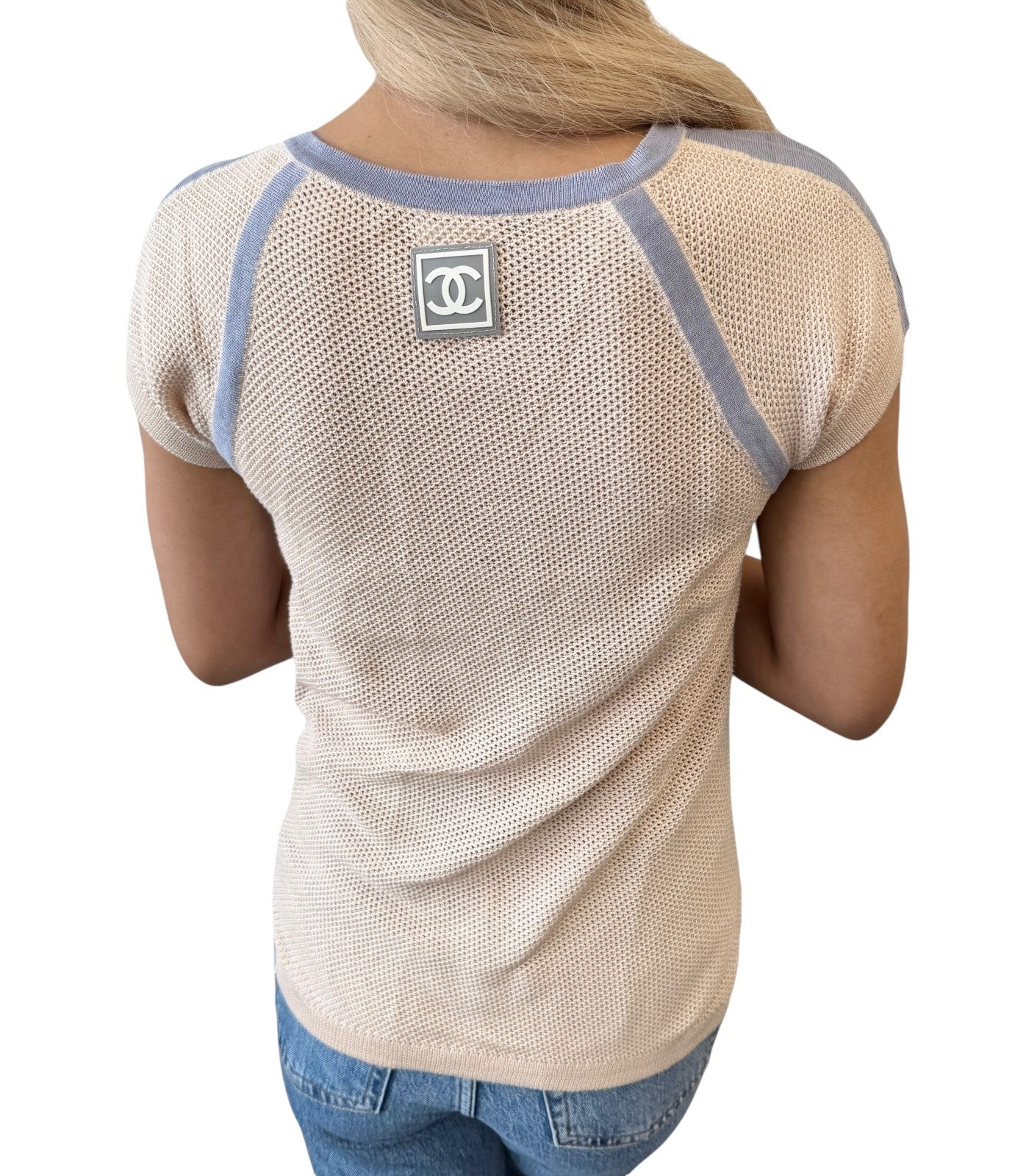 CHANEL Vintage 03P CC Logo See-through Mesh T-shirt #38 Pink Blue Cotton