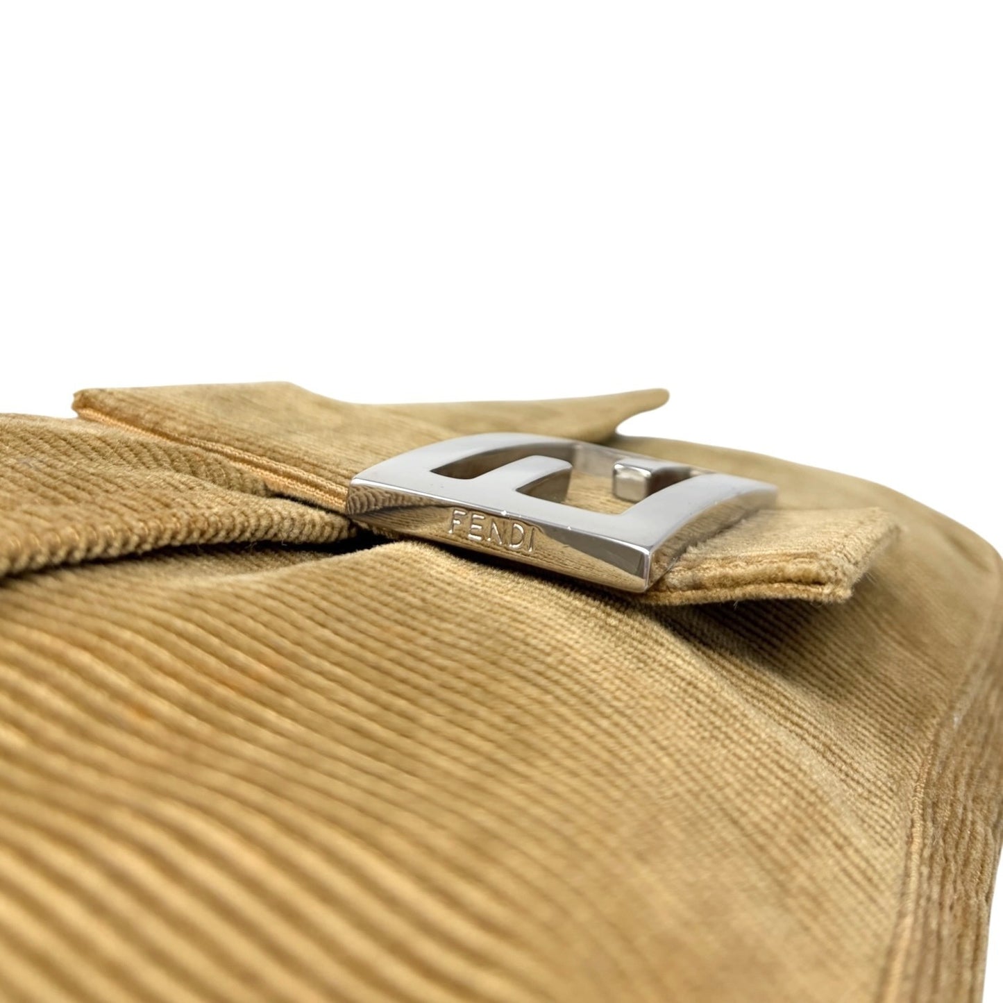 FENDI Vintage FF Logo Mamma Baguette Corduroy Shoulder Bag Beige Silver