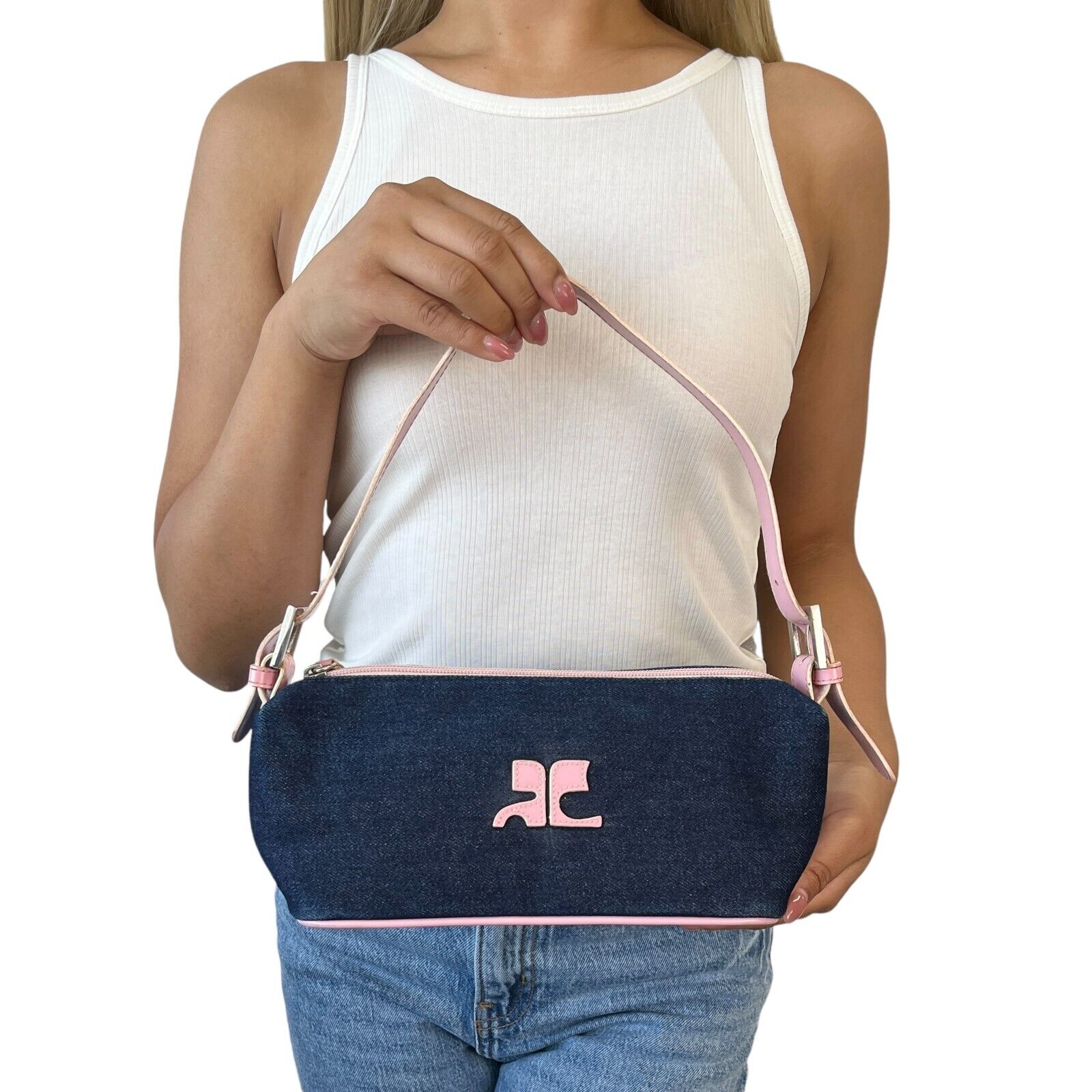 Courreges Vintage Logo Denim Shoulder Bag Pouch Blue Pink Zip Rank AB