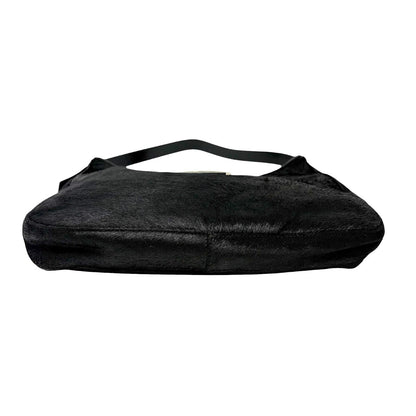 FENDI Vintage FF Logo Pony Calf Hair Hobo Shoulder Bag Black Silver 902040