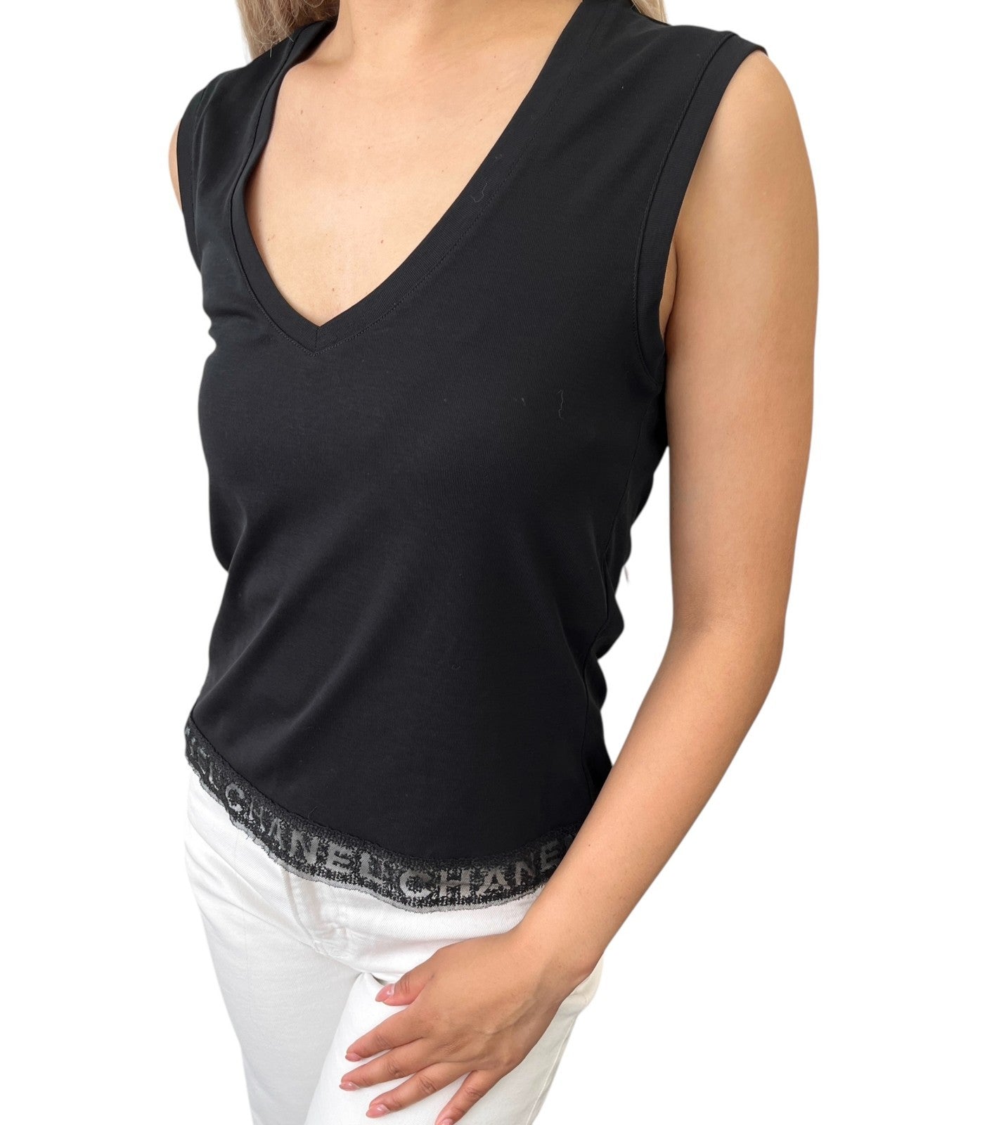 CHANEL Vintage Logo V-neck Tank Top Cotton Black Pullover Sleeveless
