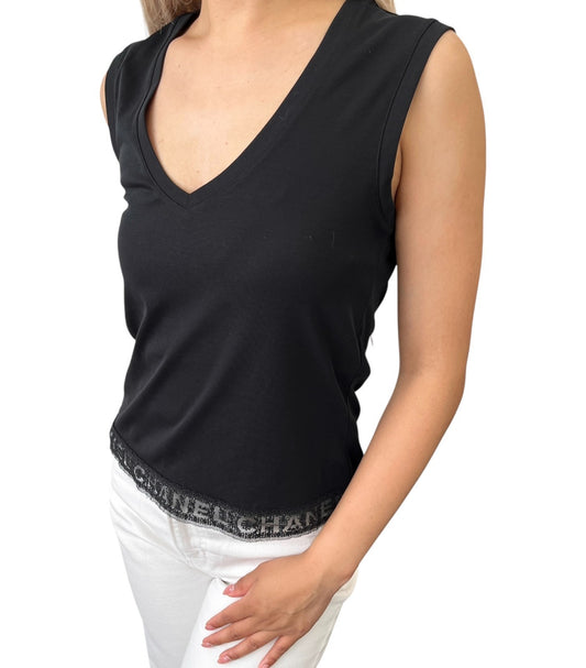 CHANEL Vintage Logo V-neck Tank Top Cotton Black Pullover Sleeveless