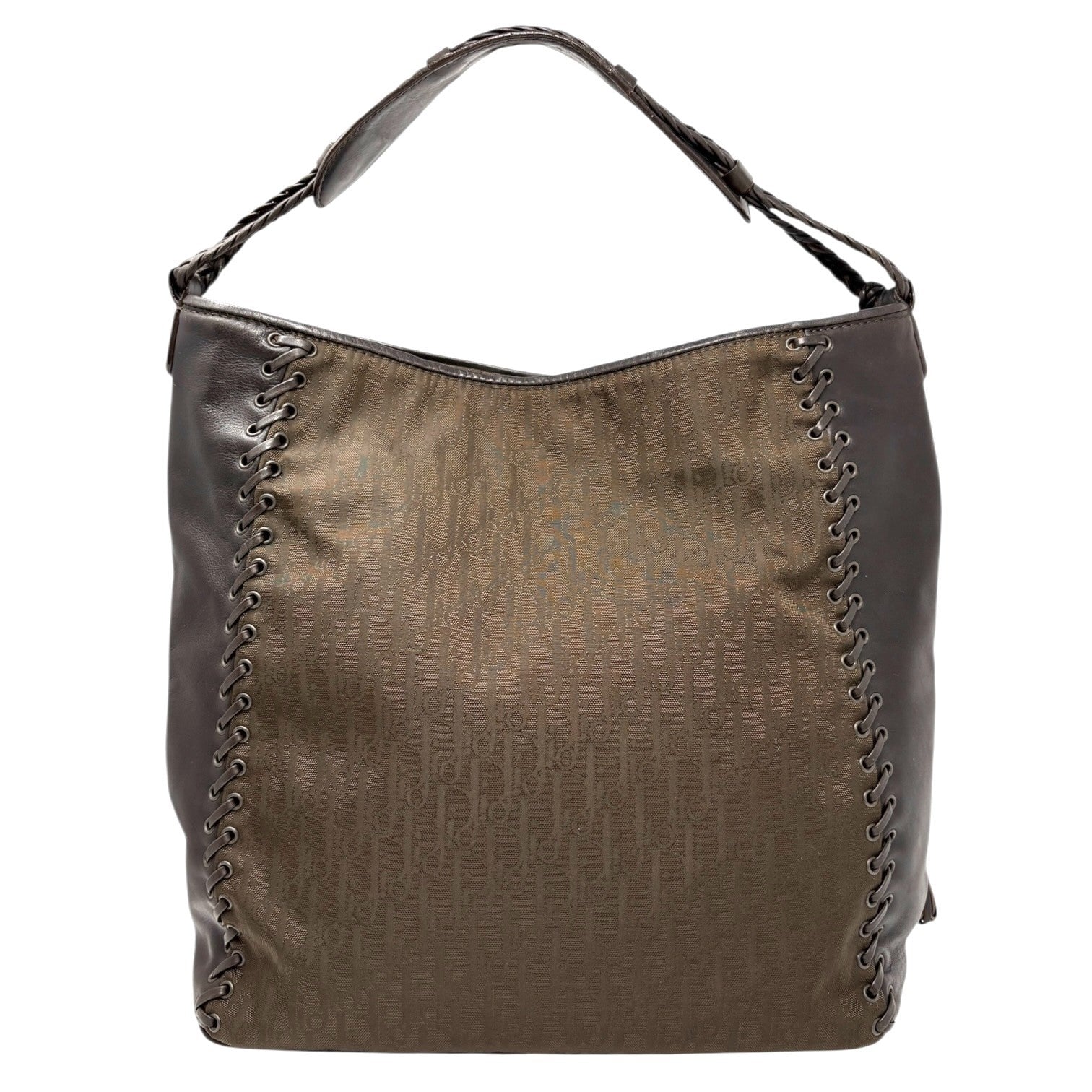 Christian Dior Vintage 2007 Logo Trotter Monogram Tote Bag Heart Brown Leather