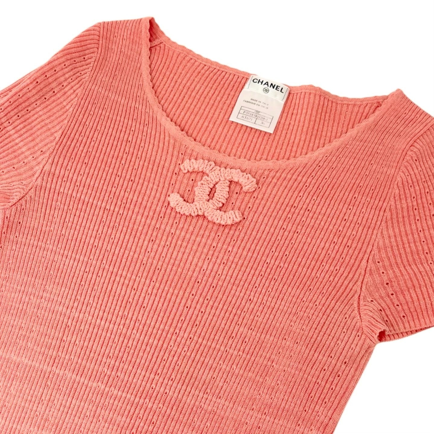 CHANEL Vintage 09P CC Logo Rib Knit T-shirt Top #36 Salmon Pink Cotton 901988