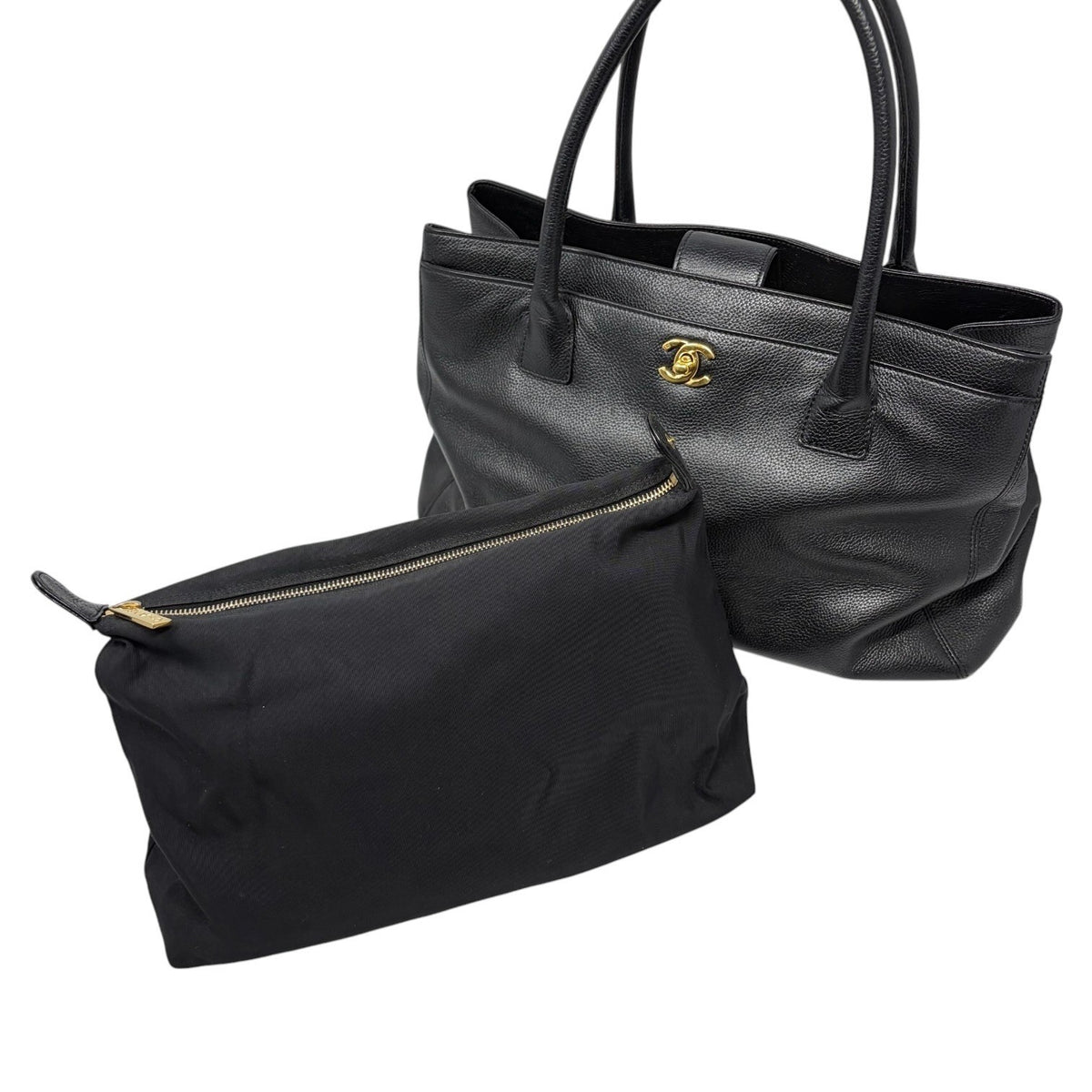 CHANEL CC Turnlock Executive Tote Shoulder Bag Black Gold Leather 902459