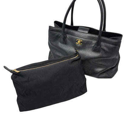 CHANEL CC Turnlock Executive Tote Shoulder Bag Black Gold Leather 902459