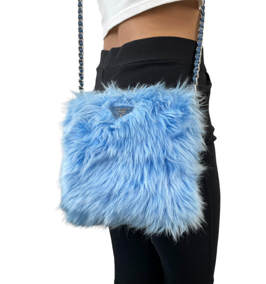 PRADA Vintage Logo Pelliccia Chain Shoulder Bag Mini Pouch Blue Faux Fur 902321