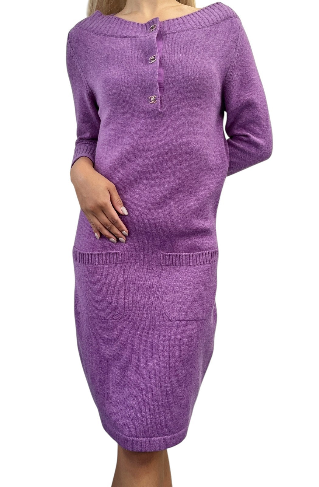 CHANEL Vintage CC Turnlock Sweater Dress #38 Cashmere Purple Silver 902247