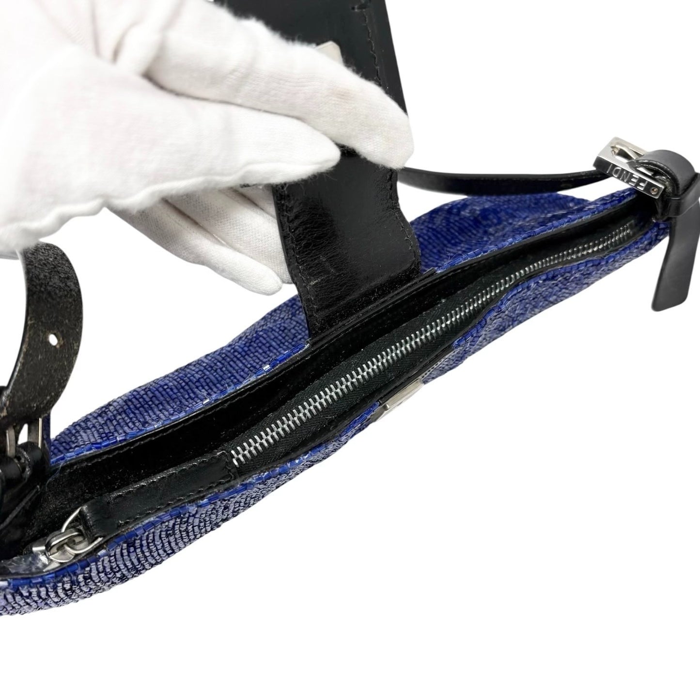 FENDI Vintage FF Logo Beads Mamma Baguette Crossbody Shoulder Bag Blue Black