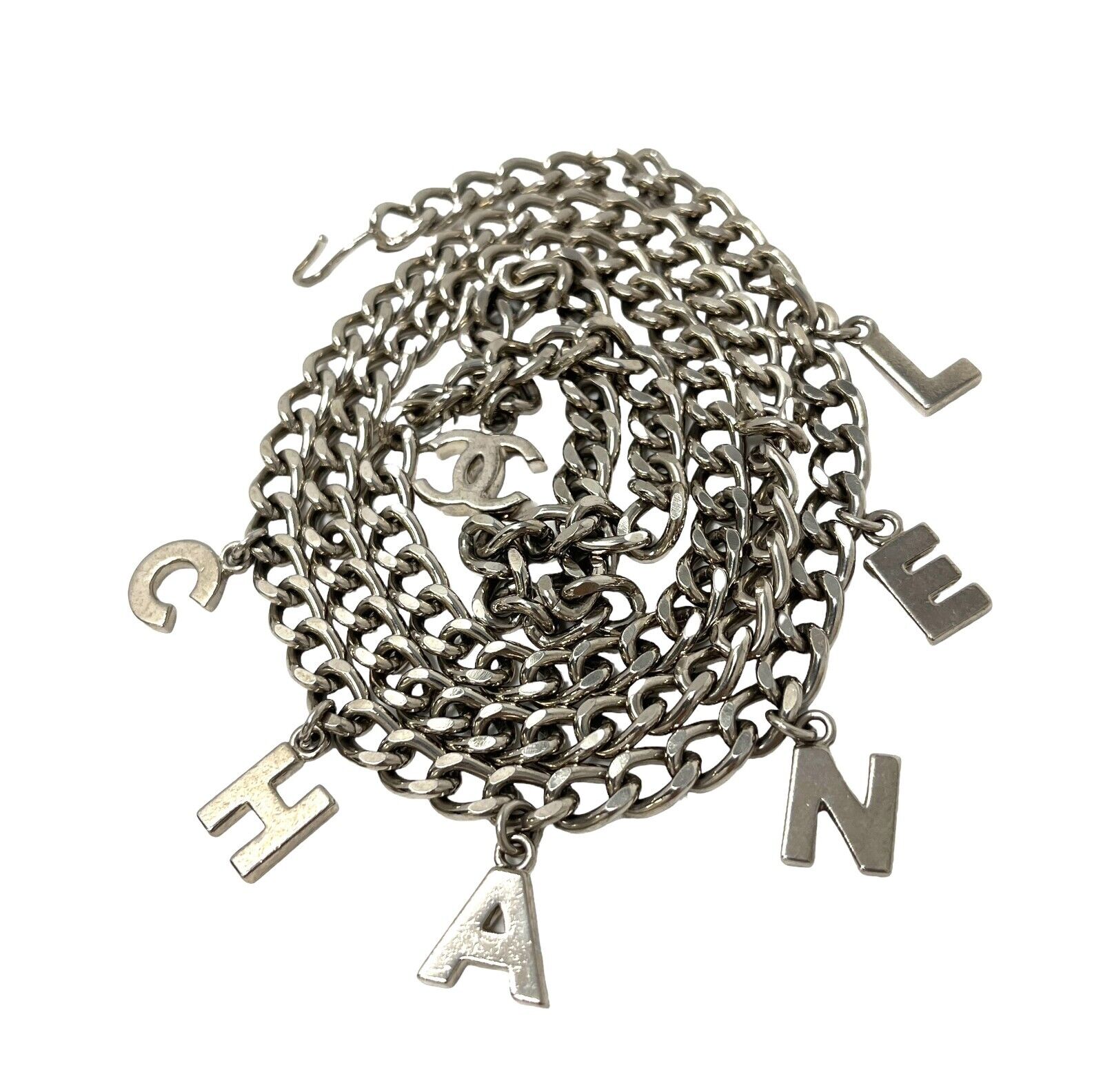 CHANEL Vintage Coco Mark Logo Chain Belt Accessory Silver Metal Rank AB
