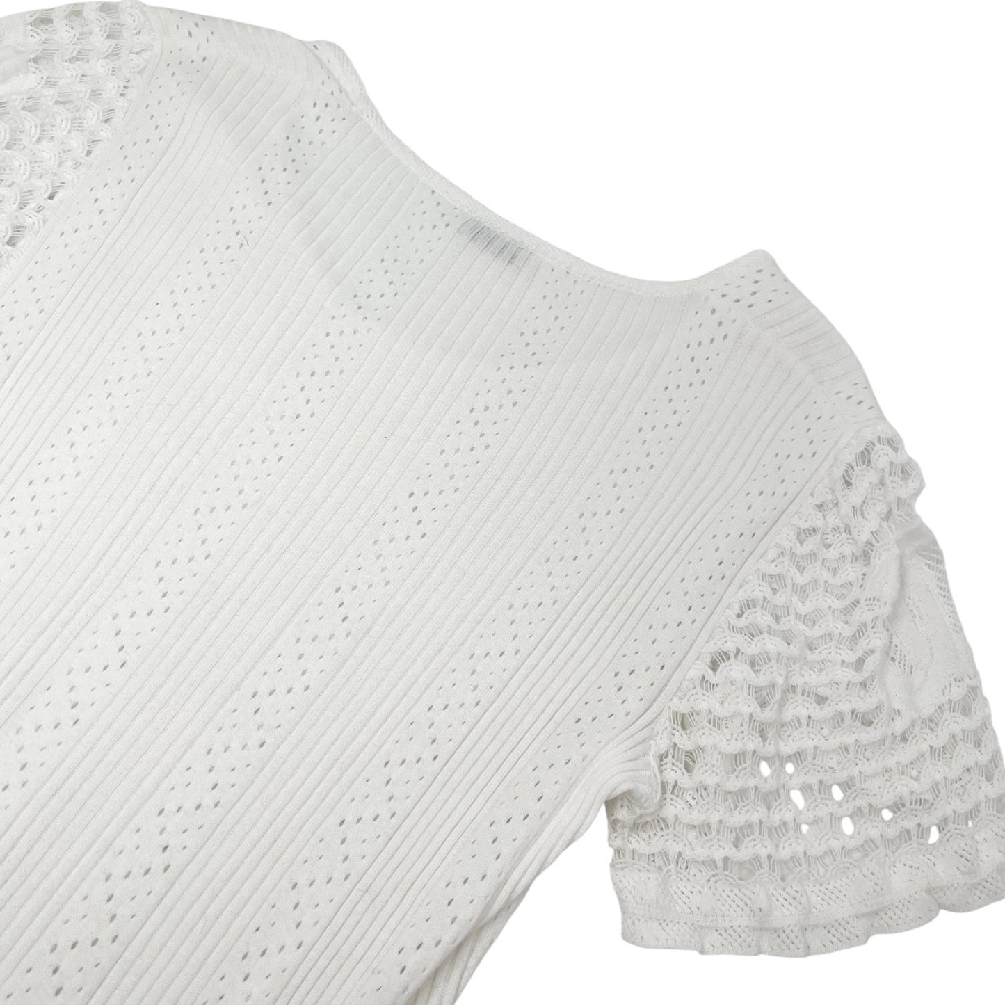 CHANEL Vintage 05C CC Logo Rib Lace T-shirt Top White Cotton Pockets 106999