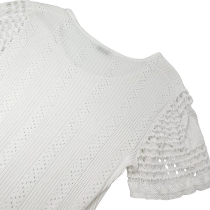 CHANEL Vintage 05C CC Logo Rib Lace T-shirt Top White Cotton Pockets 106999