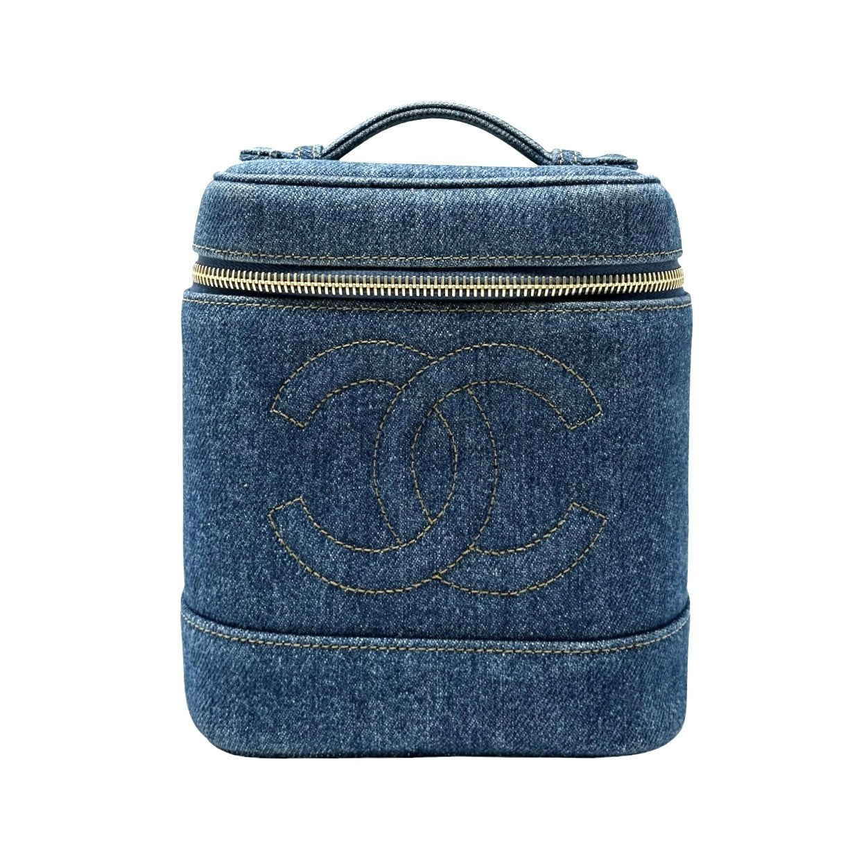 CHANEL Vintage CC Logo Denim Timeless Vanity Bag Handbag Blue Gold Cotton 902240