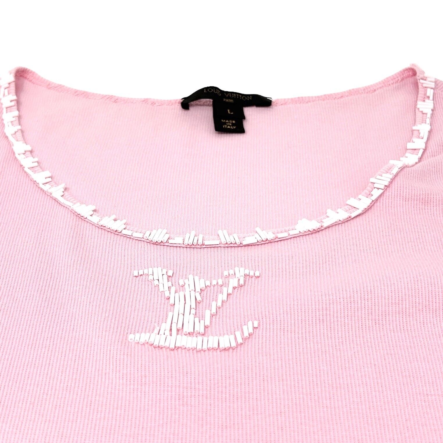 LOUIS VUITTON Vintage LV Logo T-shirt Top #L Beads Pink White Cotton Rank AB