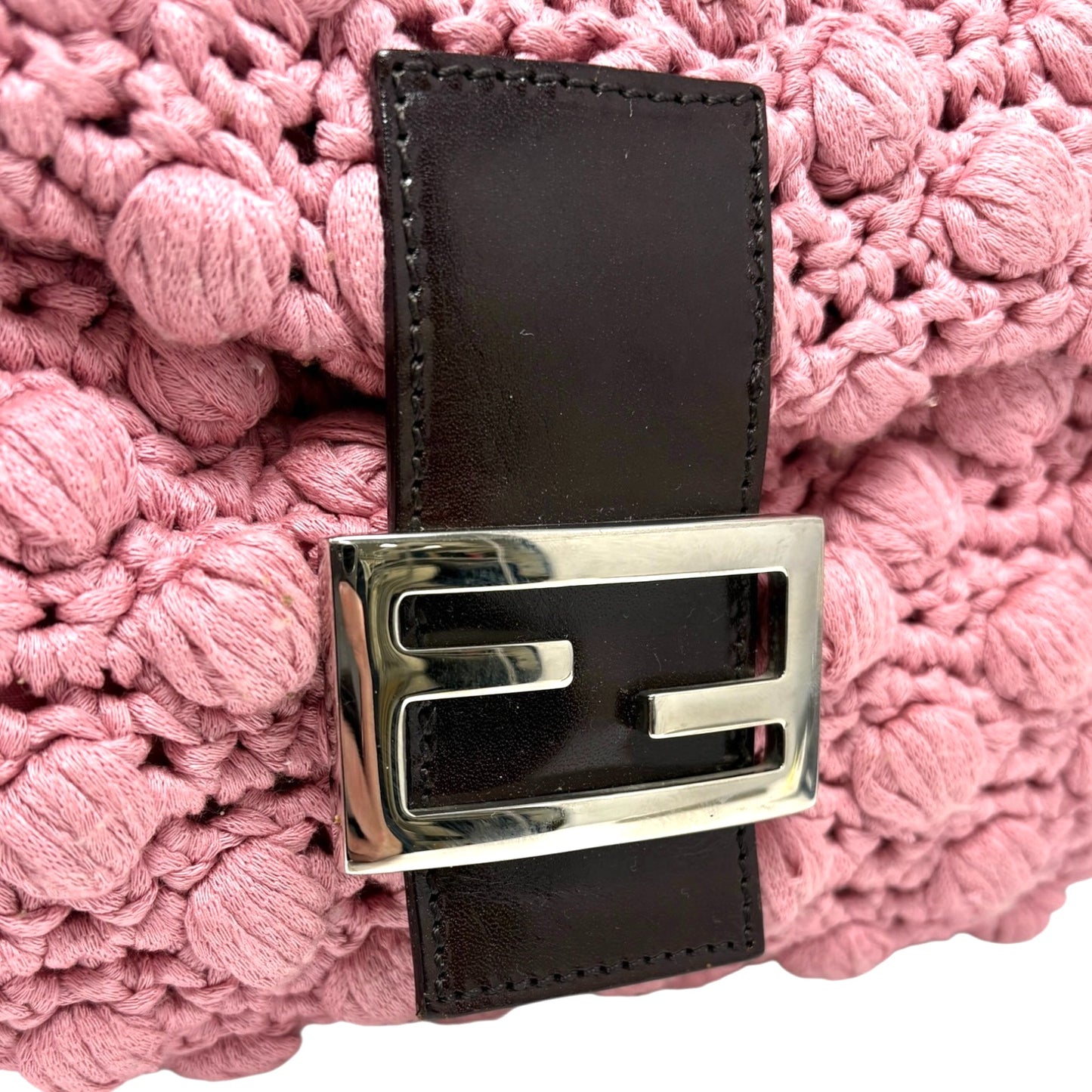 FENDI Vintage FF Logo Crochet Mamma Baguette Shoulder Bag Knit Pink Brown Wool