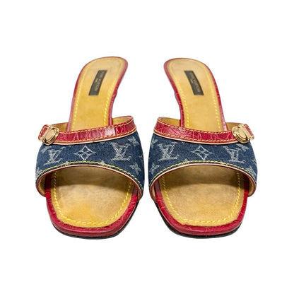 LOUIS VUITTON Vintage Monogram Denim Sandals Heels #36 Blue Red Beige 902029