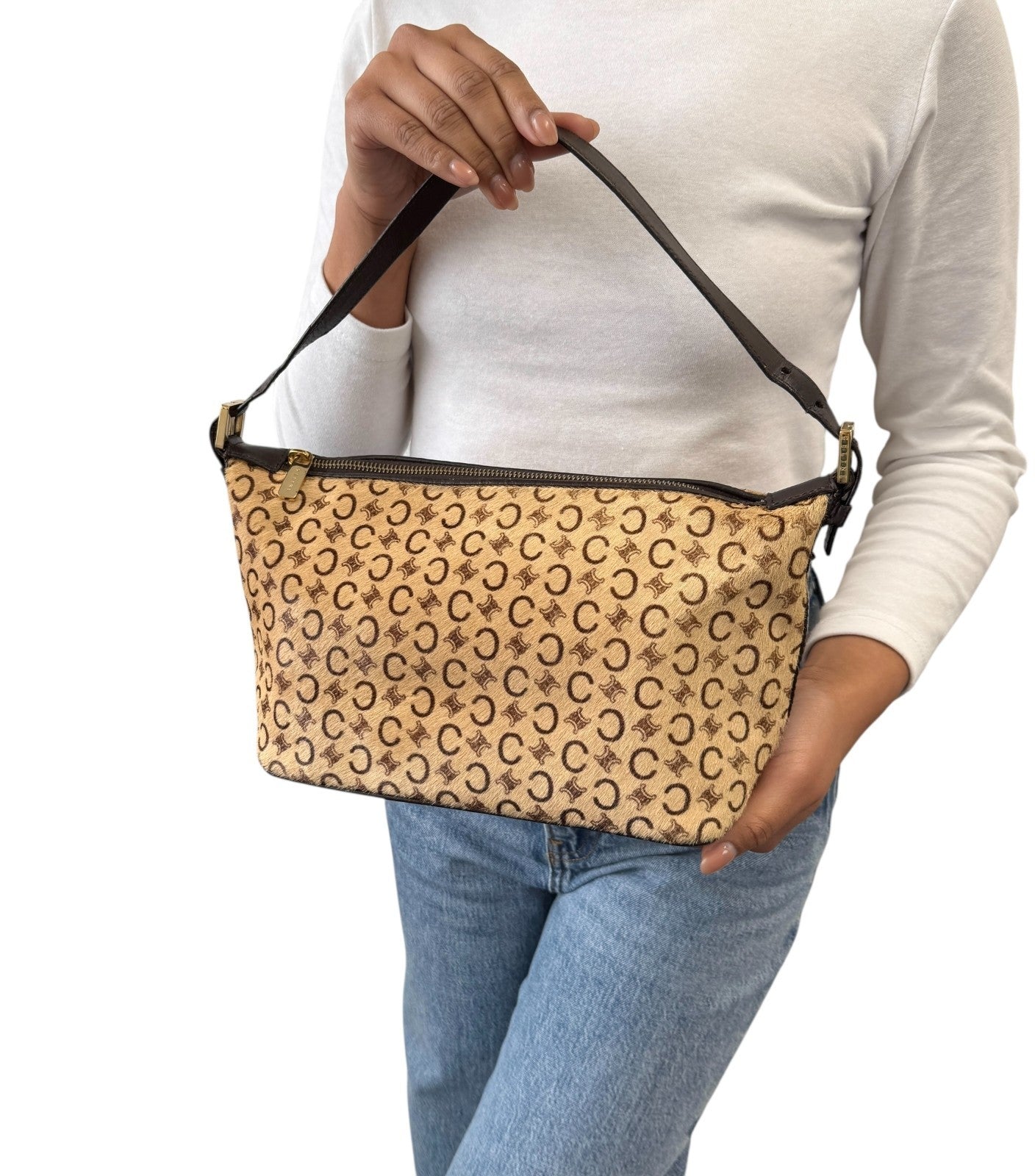 CELINE Vintage Macadam Logo Shoulder Bag Beige Brown Pony Calf Hair Leather