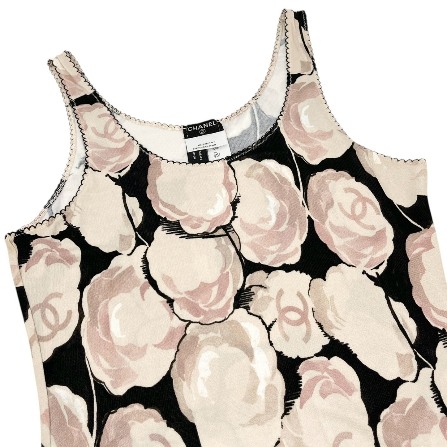 CHANEL Vintage 04A CC Camellia Logo Tank Top #38 Black Beige Pink Rayon