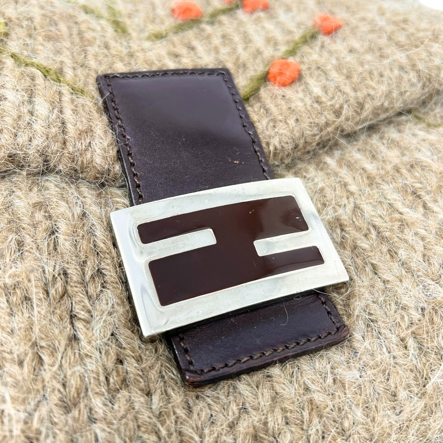 FENDI Vintage FF Knit Mamma Baguette Flower Wool Shoulder Bag Beige Brown