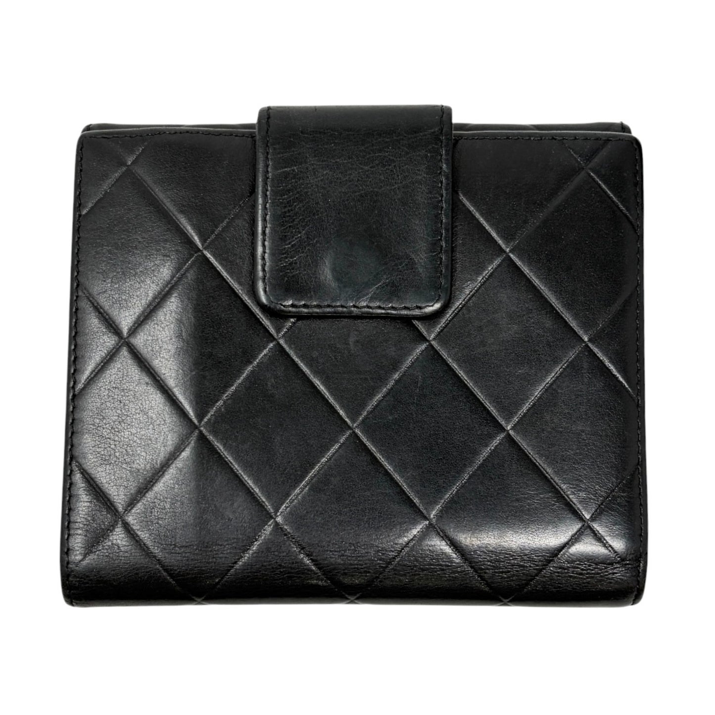 CHANEL Vintage Big Logo Quilted Wallet Leather Black Silver Purse 901816