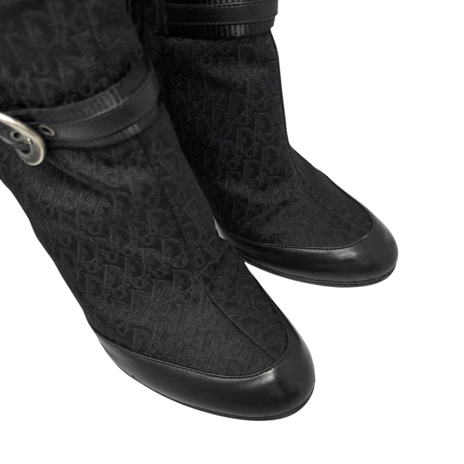 Dior Vintage Trotter Monogram Long Boots Heels #38.5 Black Silver Canvas