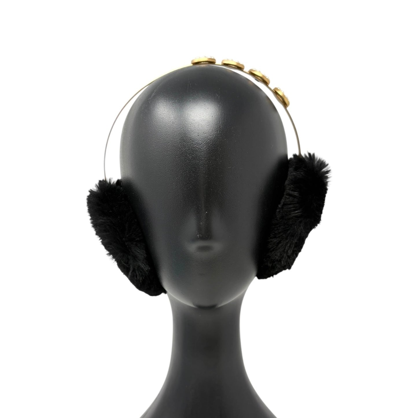 CHANEL Vintage 01A Pearl CC Mark Logo Fur Earmuffs Black Gold White