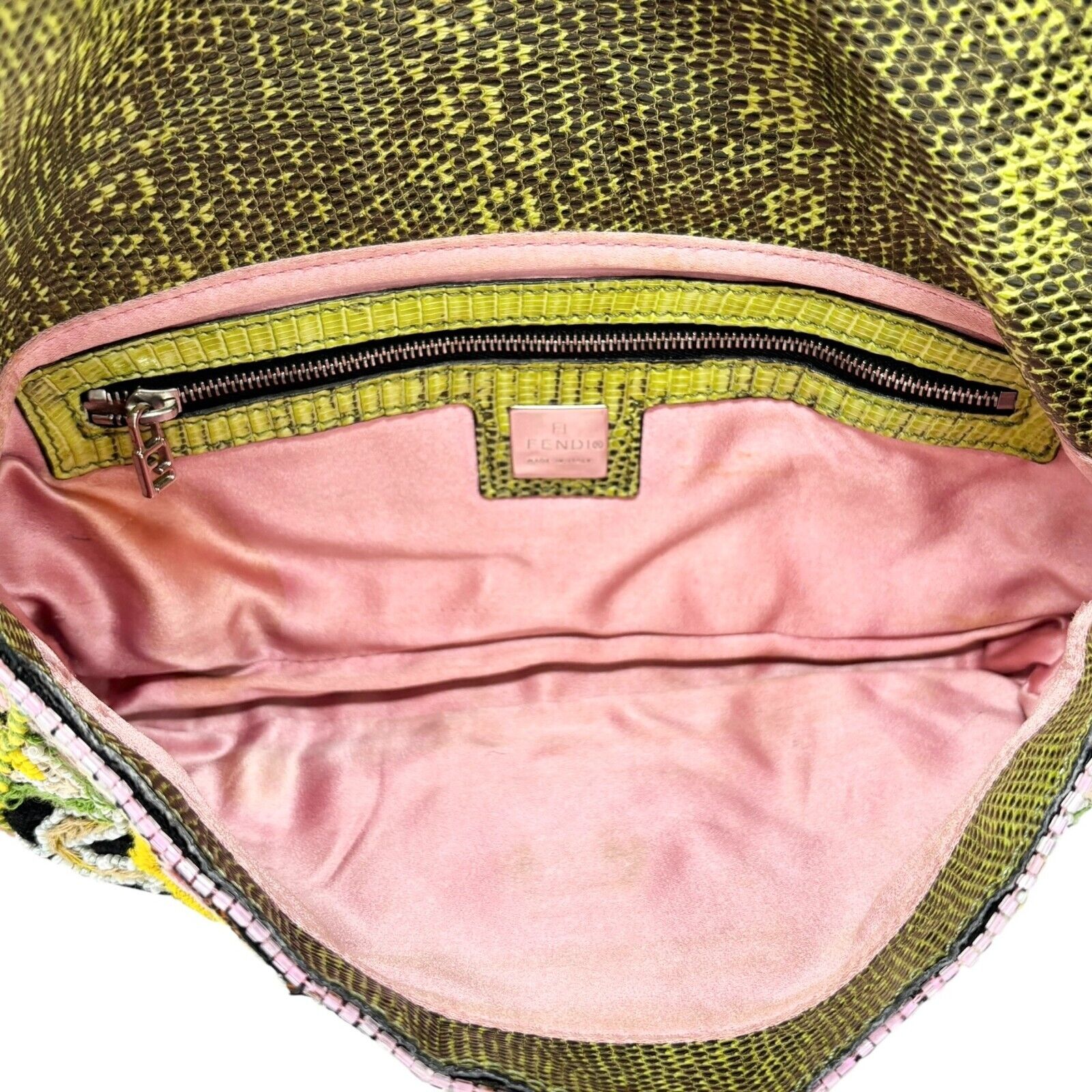 FENDI Vintage Beads Mamma Baguette Shoulder Bag Light Green Pink Wool Rank AB