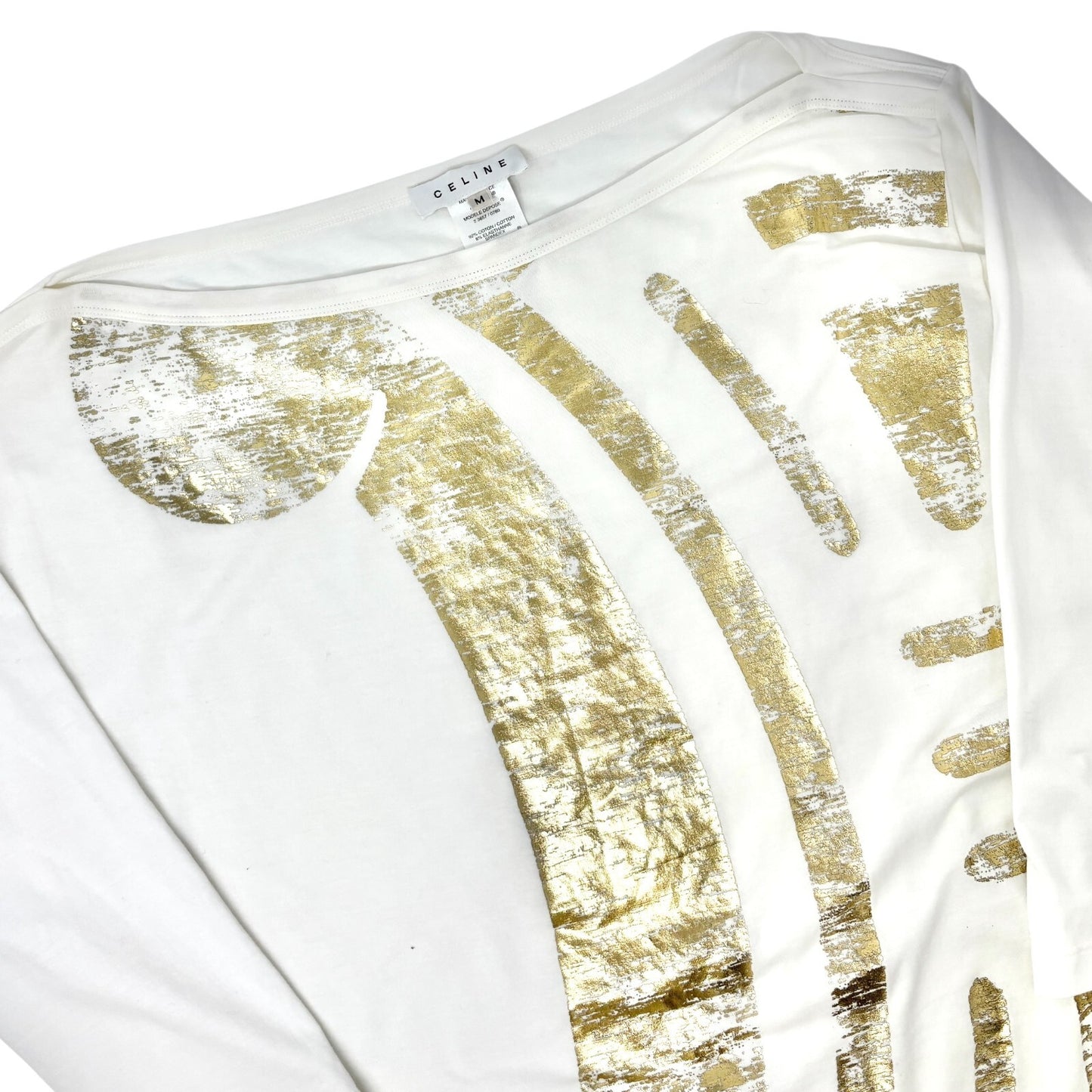 CELINE Vintage Big Macadam Logo Off-shoulder Top #M Spandex White Long Sleeve