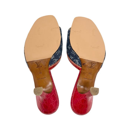 LOUIS VUITTON Vintage Monogram Denim Sandals Heels #36 Blue Red Beige 902029