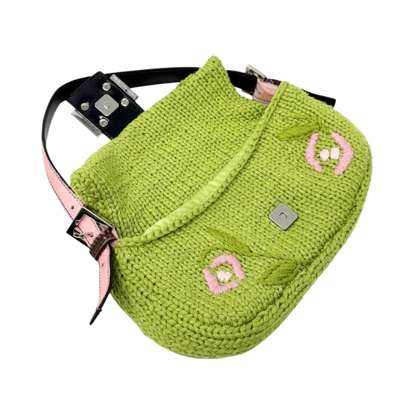 FENDI Vintage FF Mamma Baguette Crochet Shoulder Bag Flower Green Pink Wool